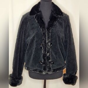 Tsunami Black Faux Fur Button-Front Textured Cropped Jacket / Coat - Size M